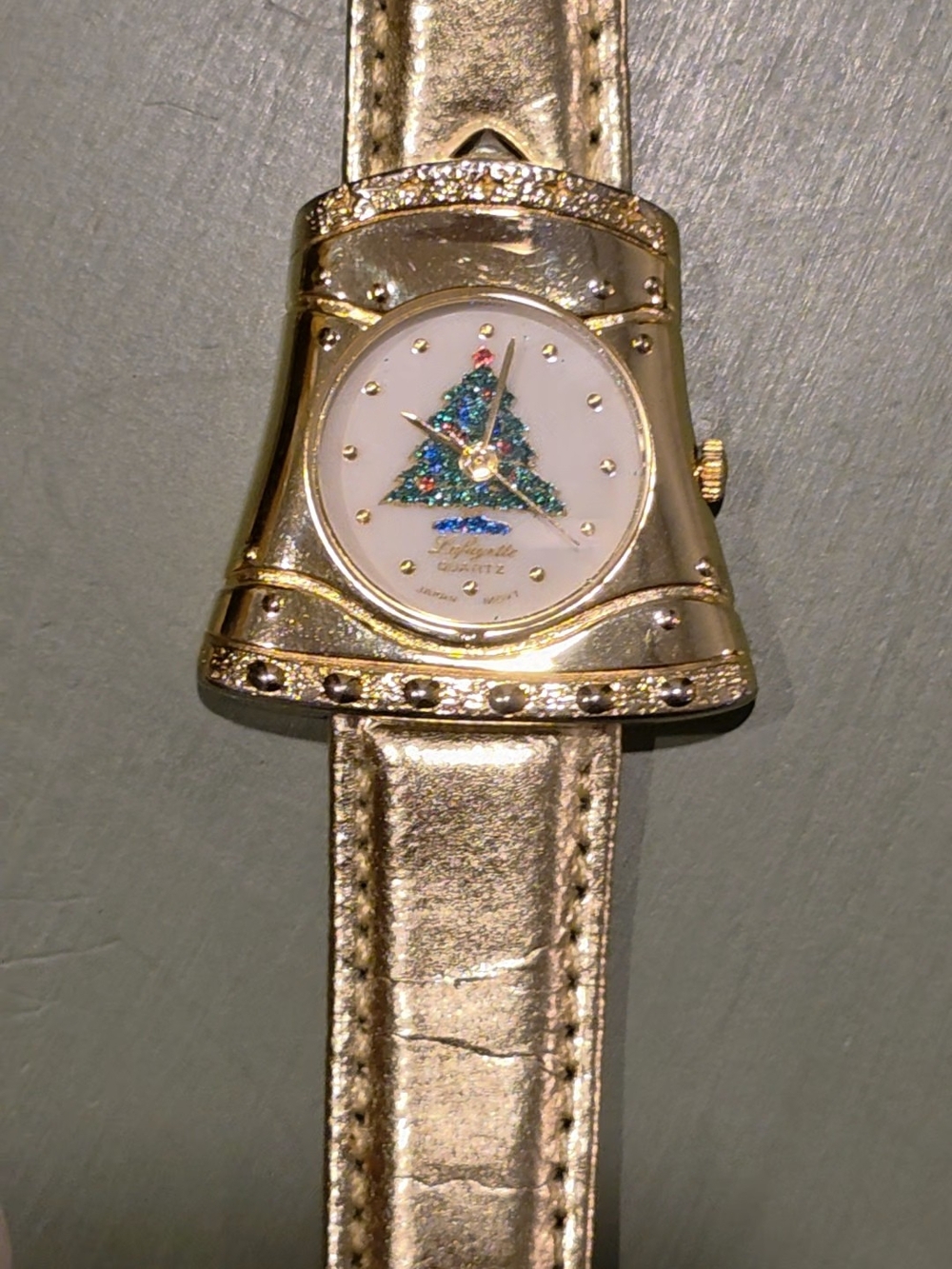 Vintage Lafayette Christmas Tree Bell-Shaped Watch | Gold Tone Metallic Leather
